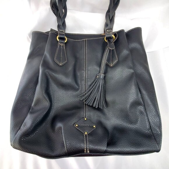 St. Johns Bay Black Faux Leather Tote Bag With Braided Handles & Tassel Accent - Picture 12 of 13